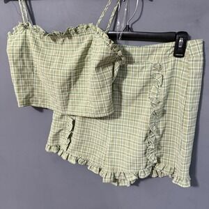 2 Piece Picnic Set Top Shorts French Kiss Green Plaid Large Ruffles Zipper